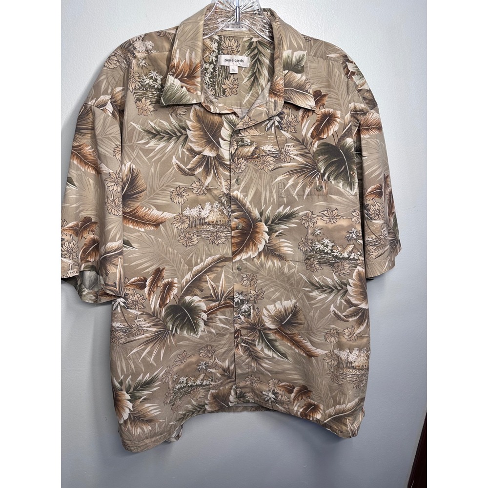 Vintage Pierre Cardin Mens Tropical Hawaiian Shirt Tan Cotton Short Sleeve XL